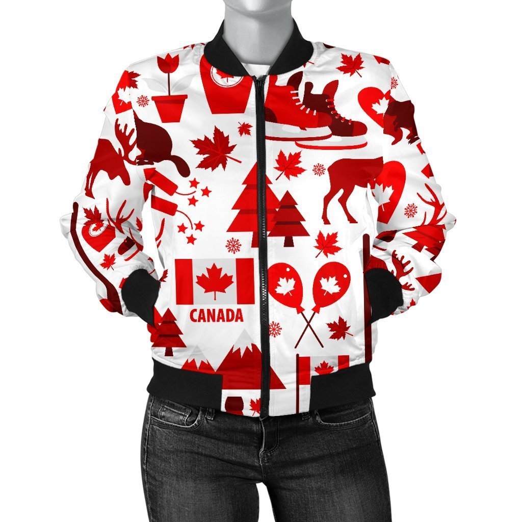 Canada Love Pattern Print Women Casual Bomber Jacket-grizzshop