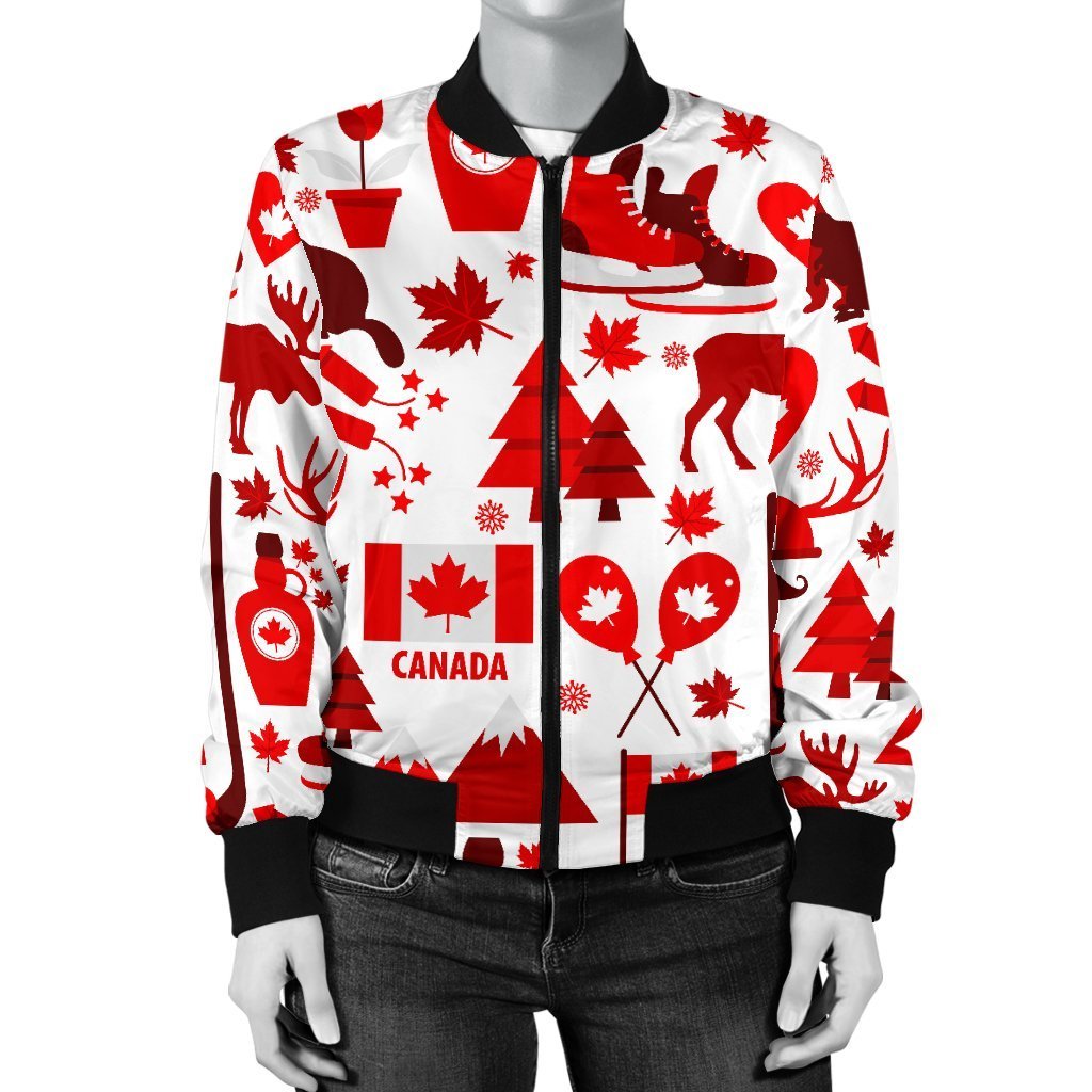 Canada Love Pattern Print Women Casual Bomber Jacket-grizzshop