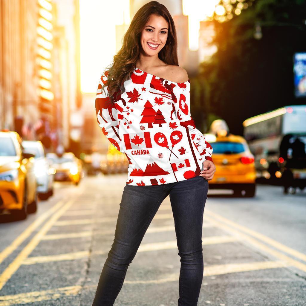 Canada Love Pattern Print Women Off Shoulder Sweatshirt-grizzshop