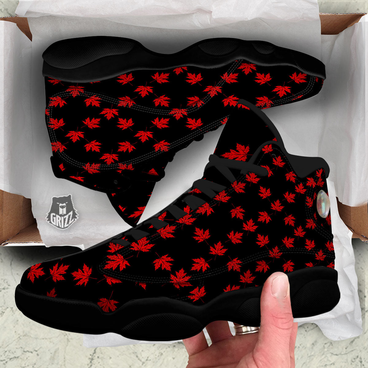 Canadian Maple Leaf Red And Black Print Black Basketball Shoes-grizzshop