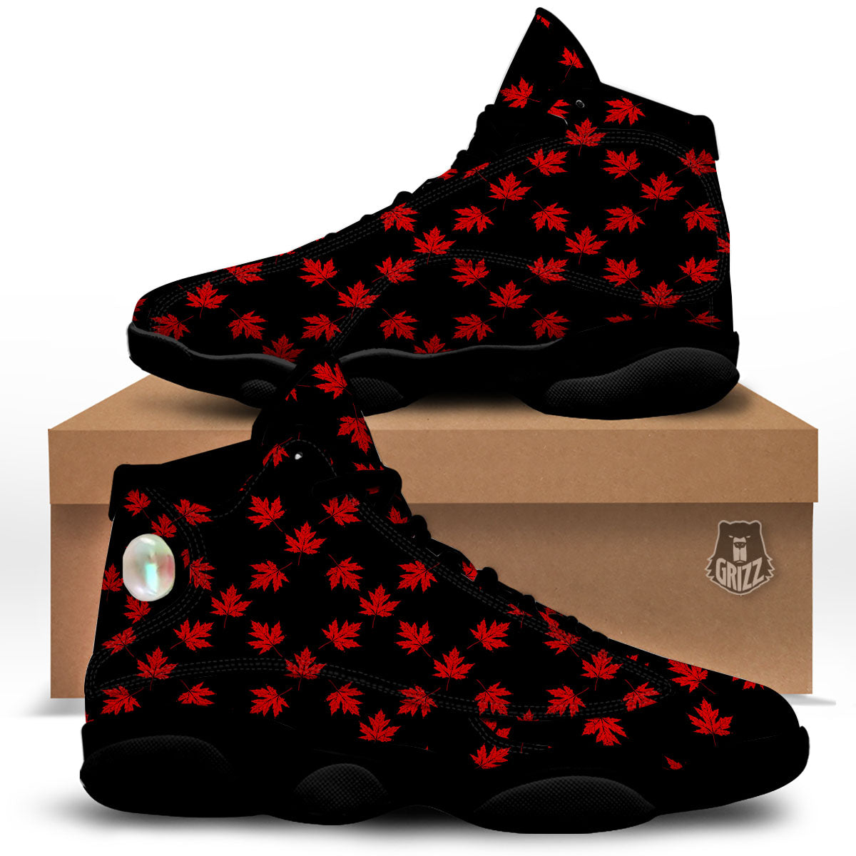 Canadian Maple Leaf Red And Black Print Black Basketball Shoes-grizzshop