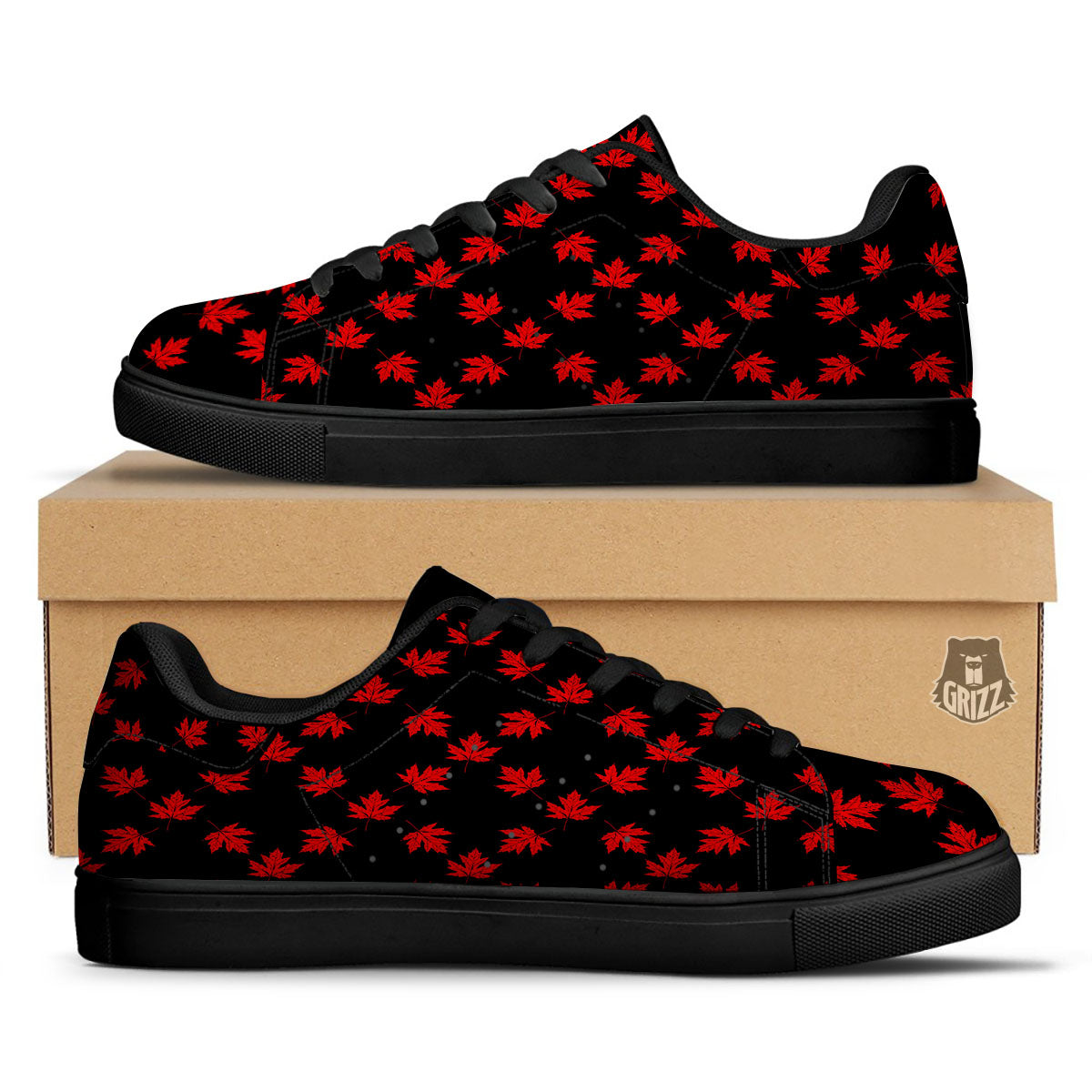 Canadian Maple Leaf Red And Black Print Black Low Top Sneakers-grizzshop