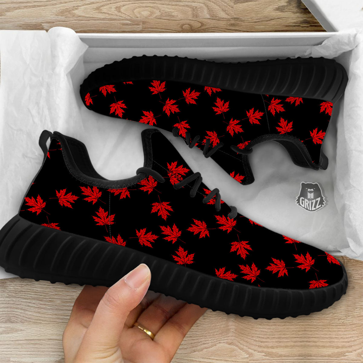 Canadian Maple Leaf Red And Black Print Black Walking Shoes-grizzshop