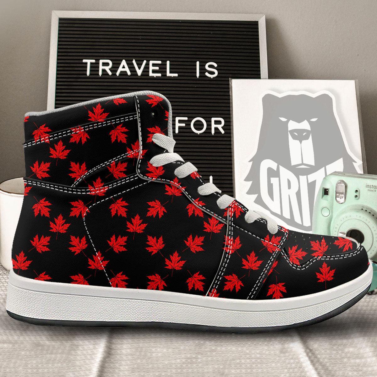 Canadian Maple Leaf Red And Black Print High Top Sneakers-grizzshop