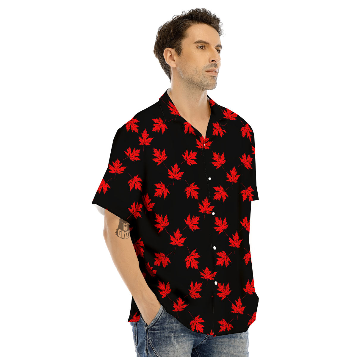 Canadian Maple Leaf Red And Black Print Men's Hawaiian Shirt-grizzshop