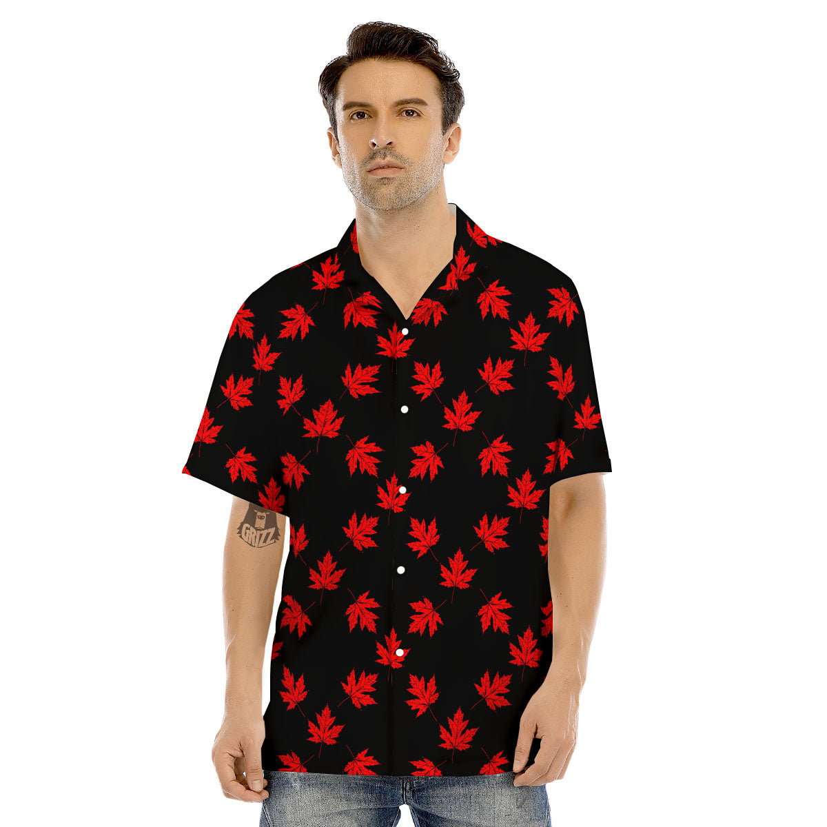 Canadian Maple Leaf Red And Black Print Men's Hawaiian Shirt-grizzshop