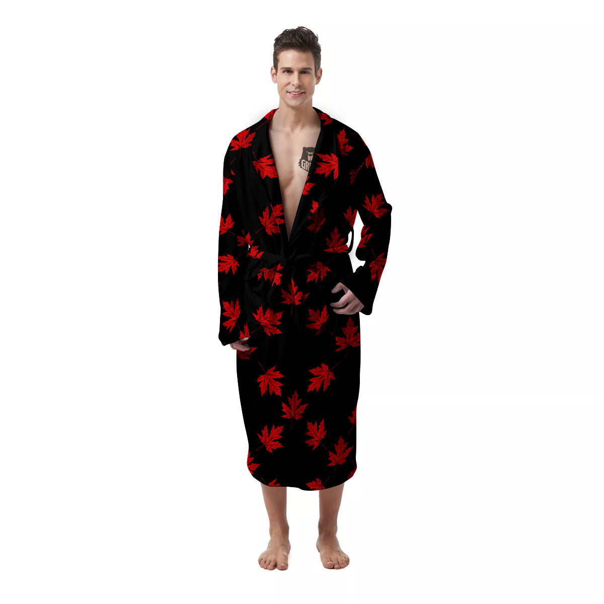 Canadian Maple Leaf Red And Black Print Men's Robe-grizzshop
