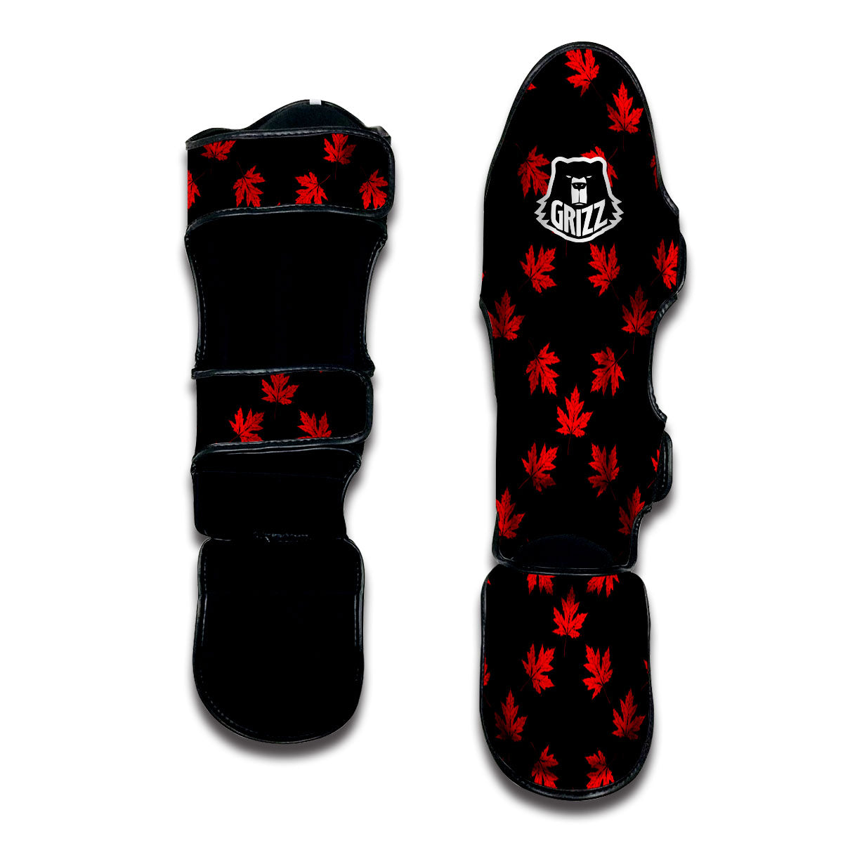 Canadian Maple Leaf Red And Black Print Muay Thai Shin Guards-grizzshop