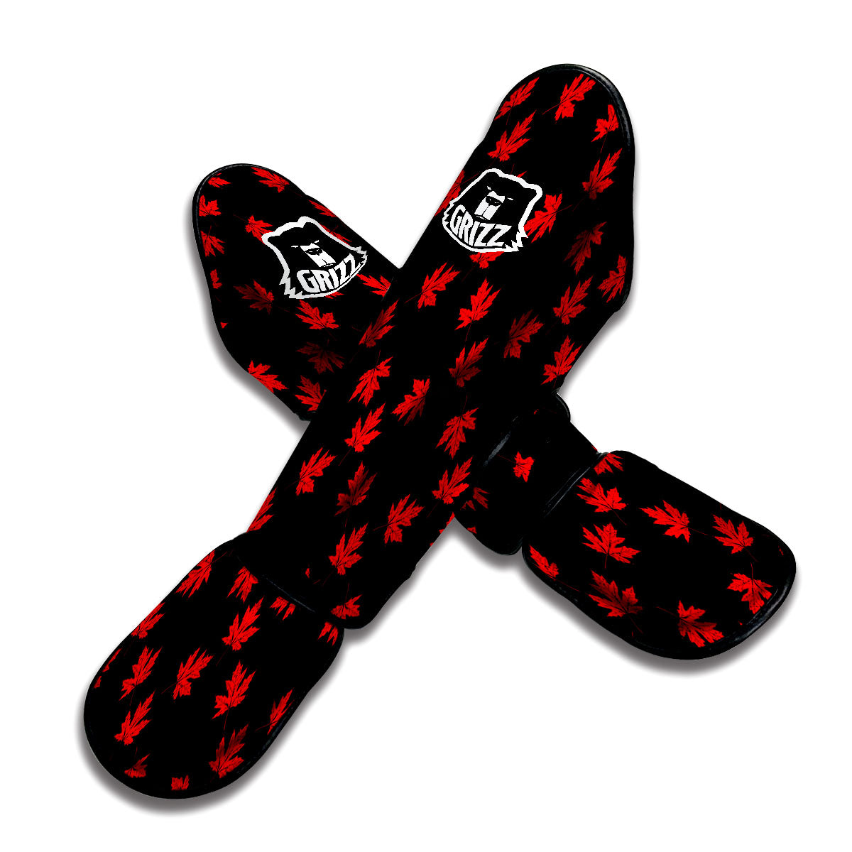 Canadian Maple Leaf Red And Black Print Muay Thai Shin Guards-grizzshop