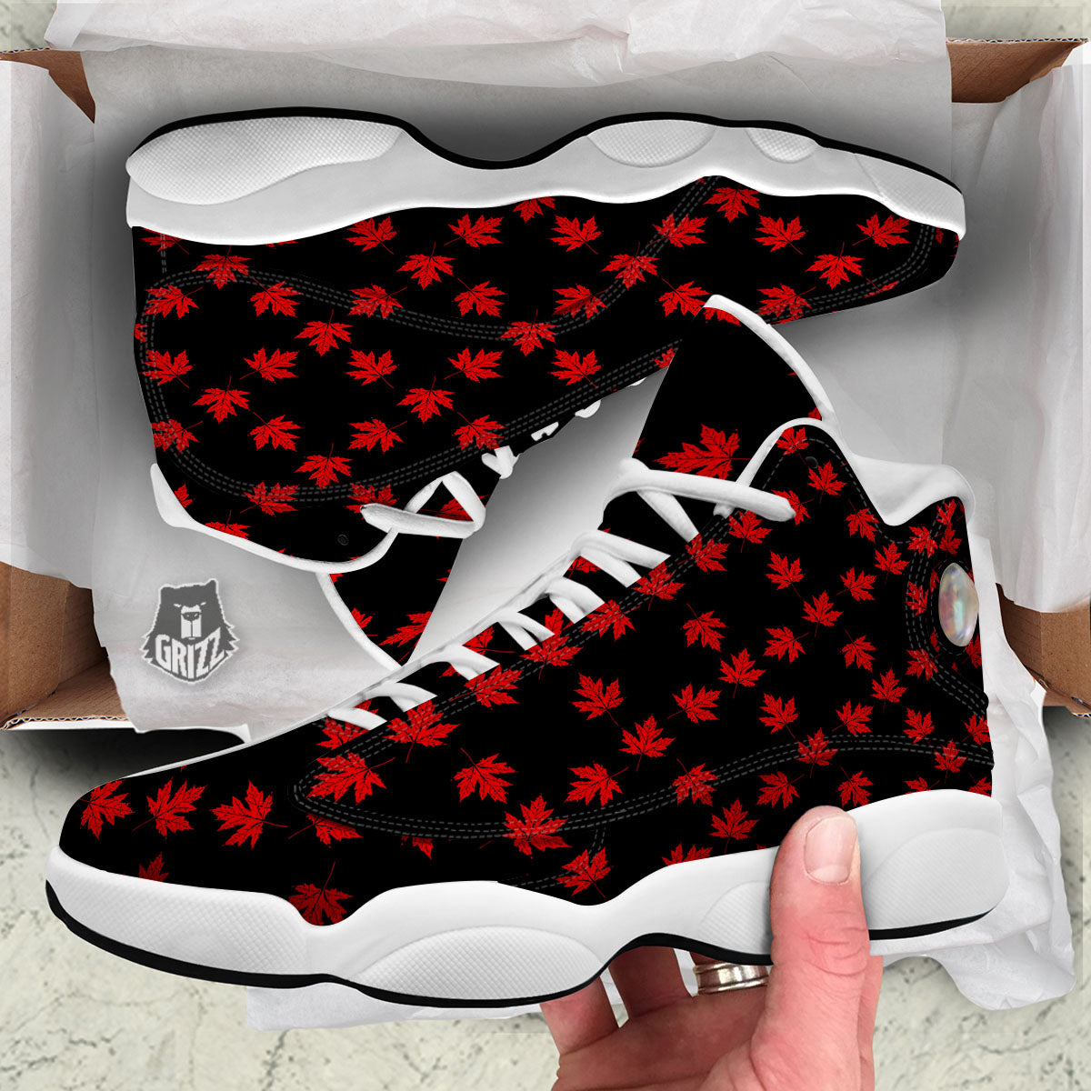 Canadian Maple Leaf Red And Black Print White Basketball Shoes-grizzshop