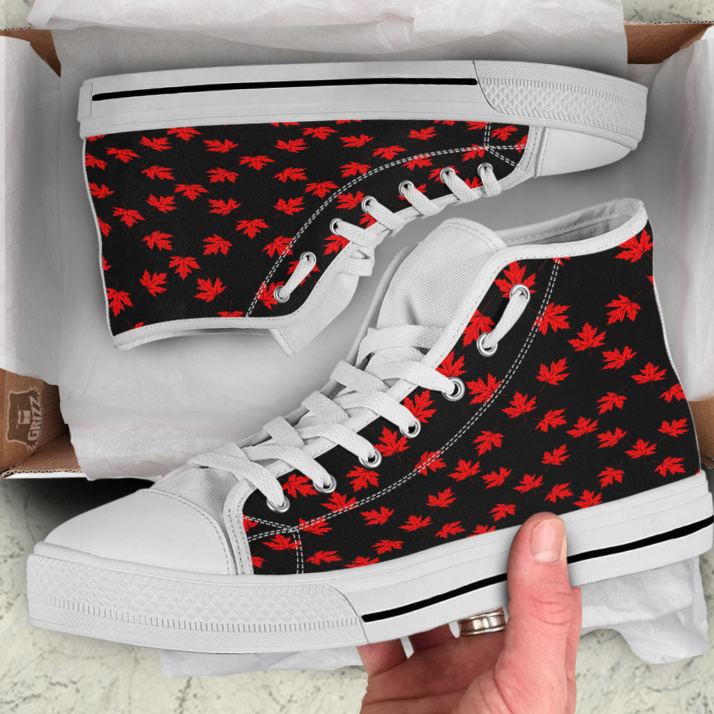Canadian Maple Leaf Red And Black Print White High Top Shoes-grizzshop