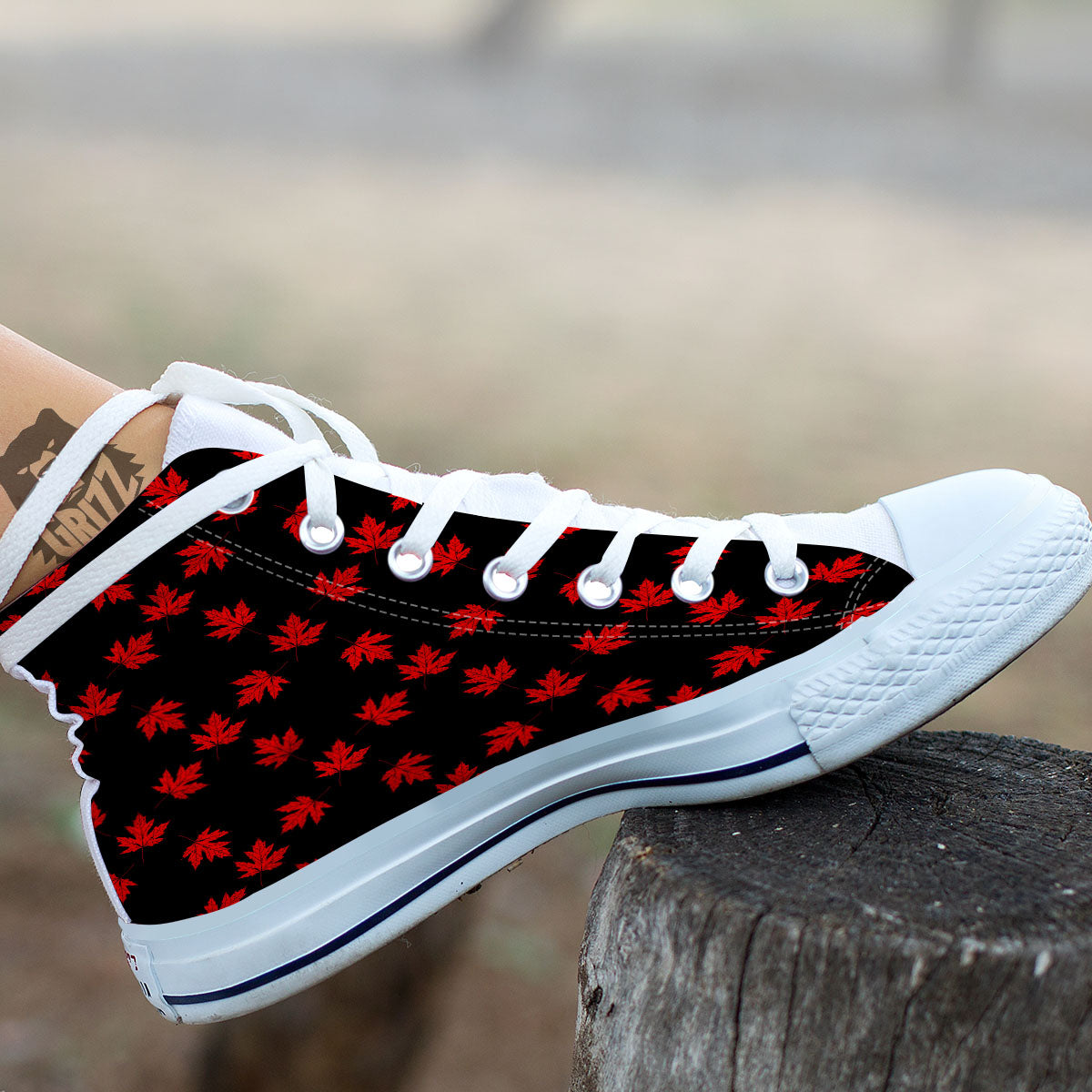 Canadian Maple Leaf Red And Black Print White High Top Shoes-grizzshop
