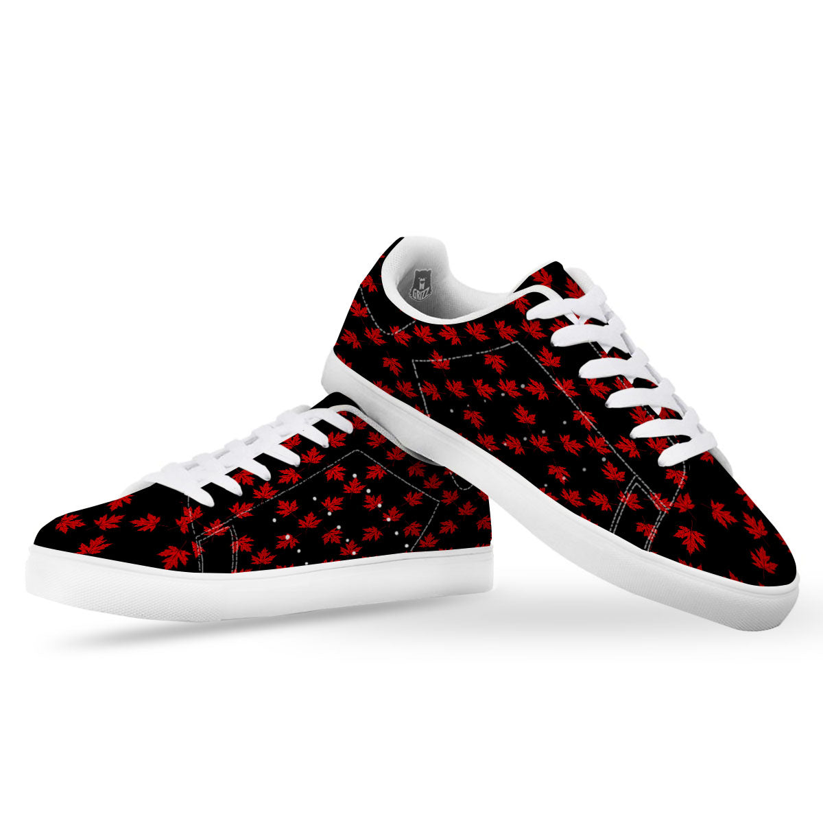 Canadian Maple Leaf Red And Black Print White Low Top Sneakers-grizzshop