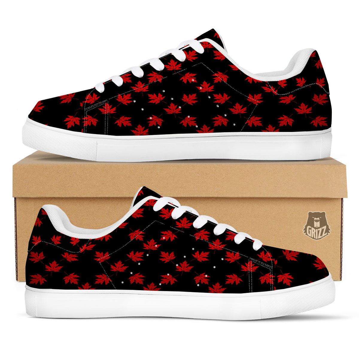 Canadian Maple Leaf Red And Black Print White Low Top Sneakers-grizzshop