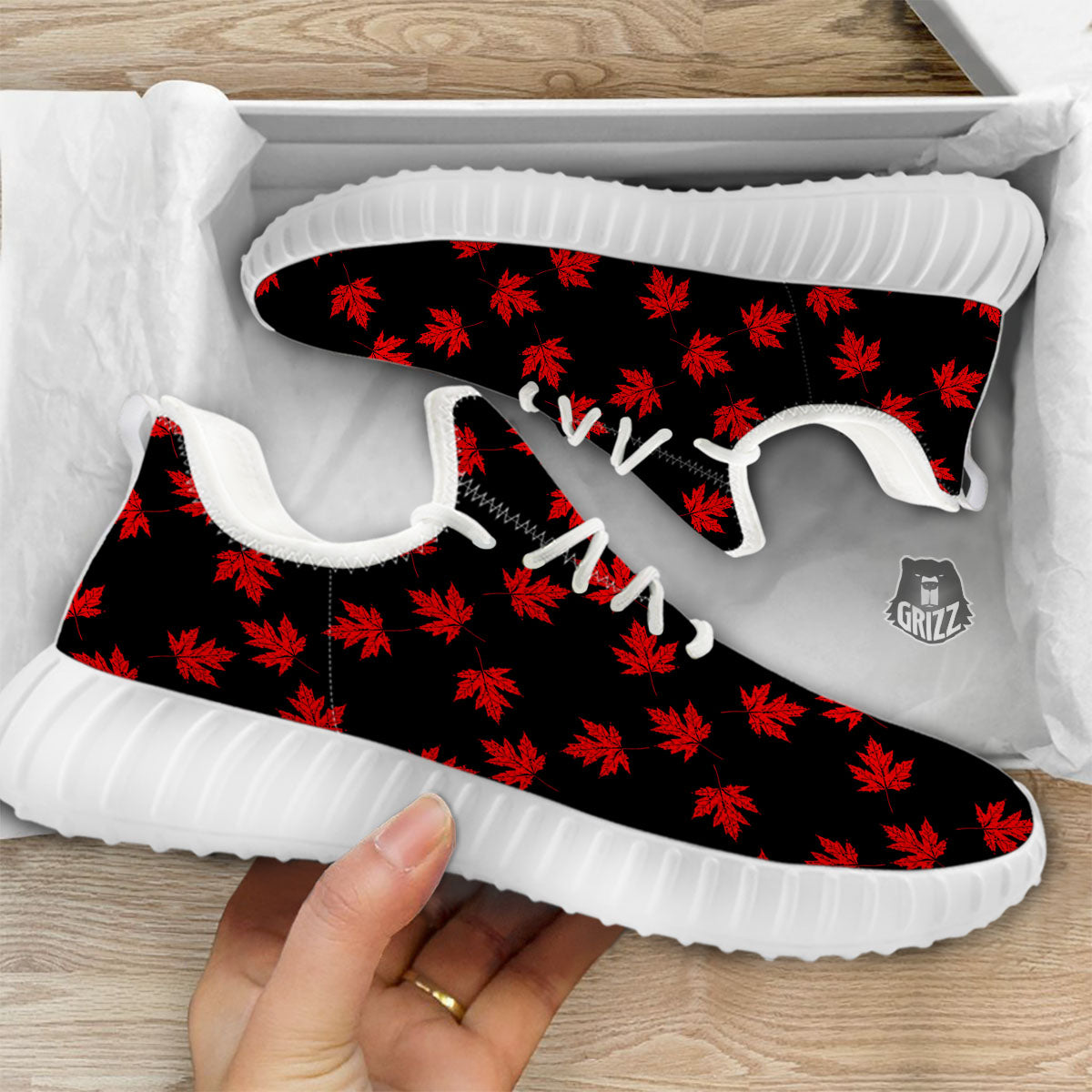 Canadian Maple Leaf Red And Black Print White Walking Shoes-grizzshop