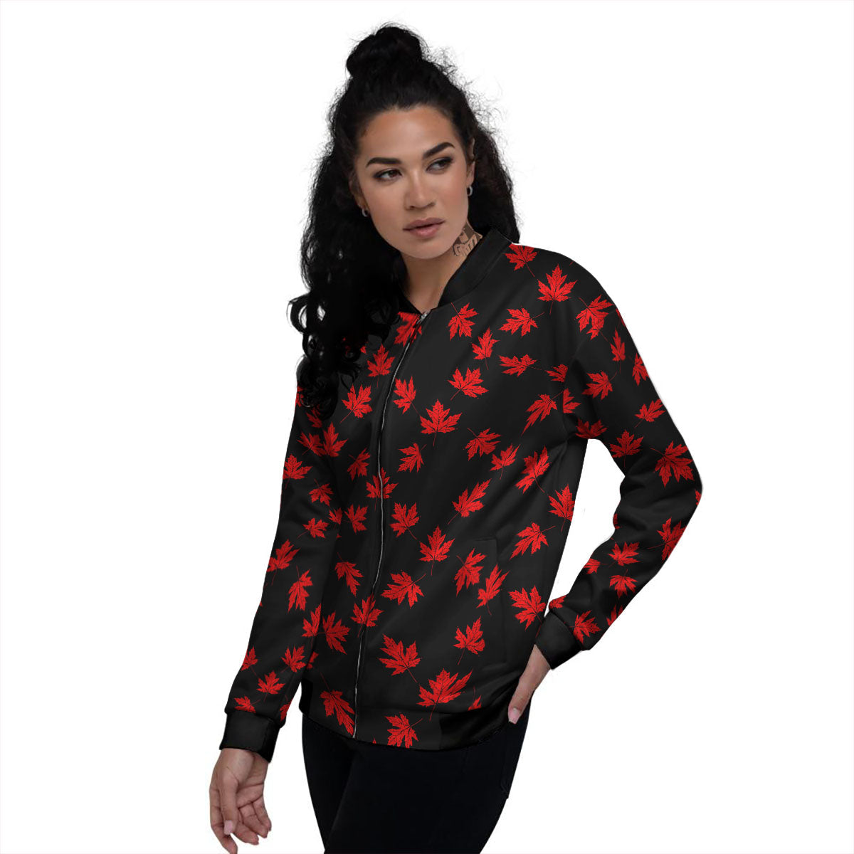 Canadian Maple Leaf Red And Black Print Women's Bomber Jacket-grizzshop