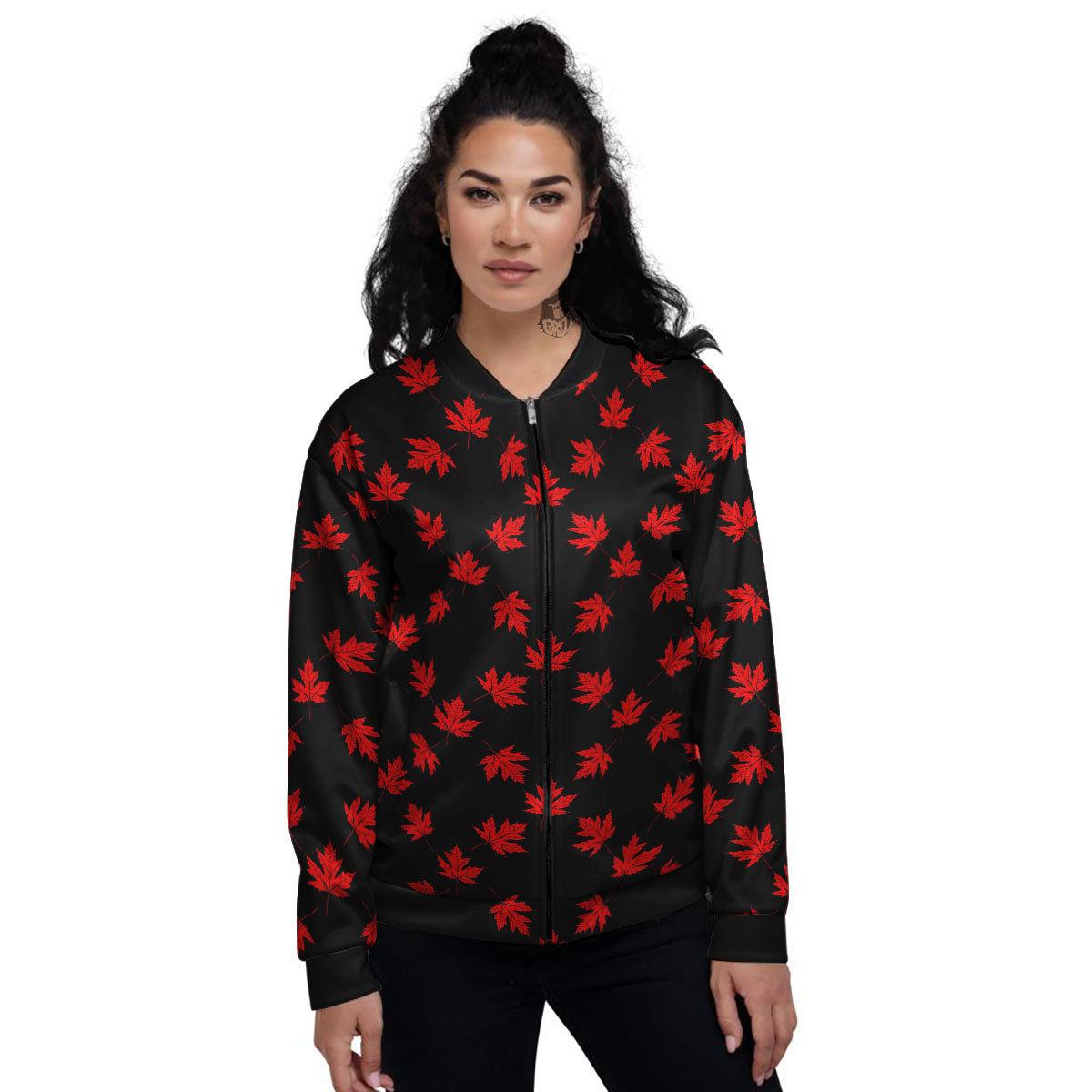 Canadian Maple Leaf Red And Black Print Women's Bomber Jacket-grizzshop