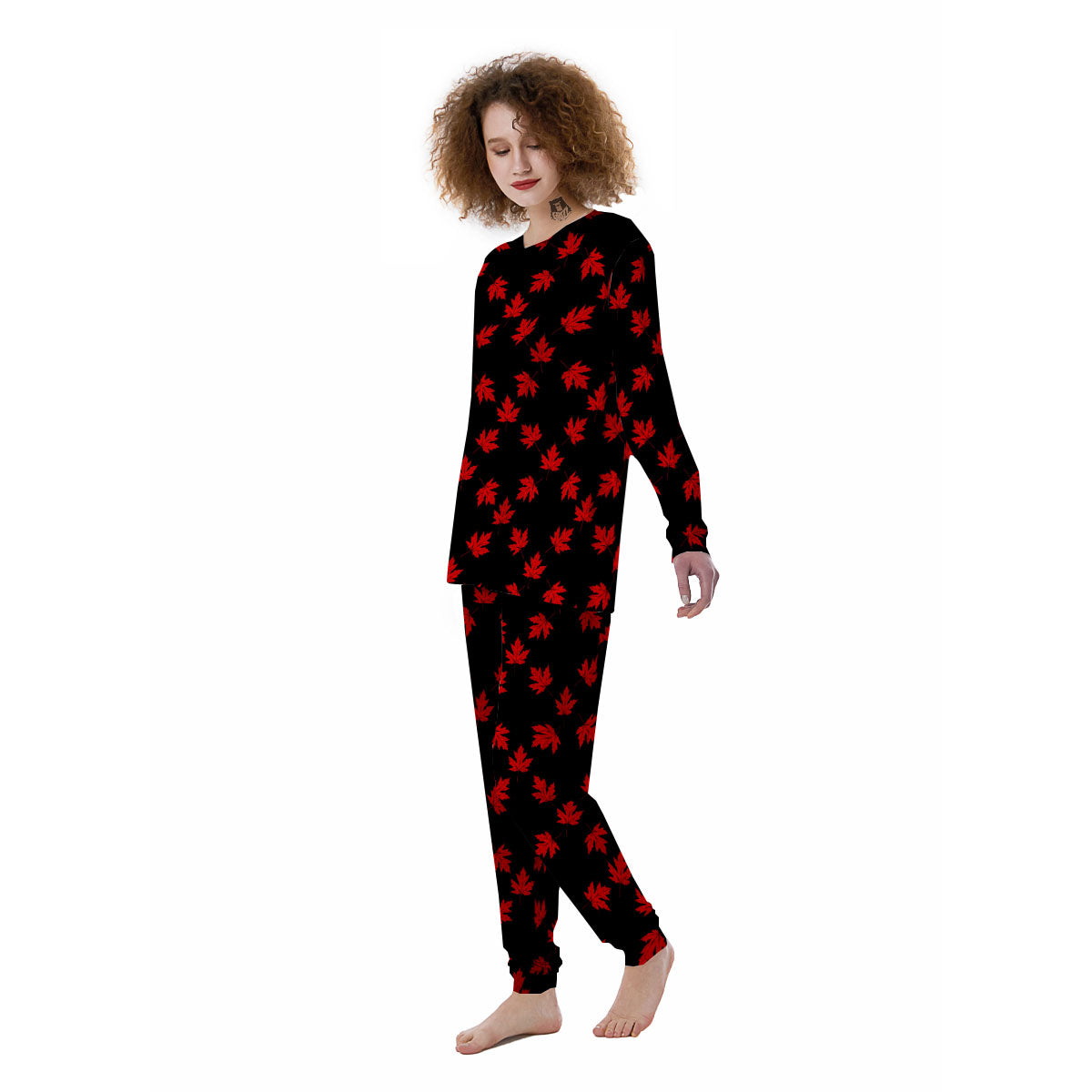Canadian Maple Leaf Red And Black Print Women's Pajamas-grizzshop