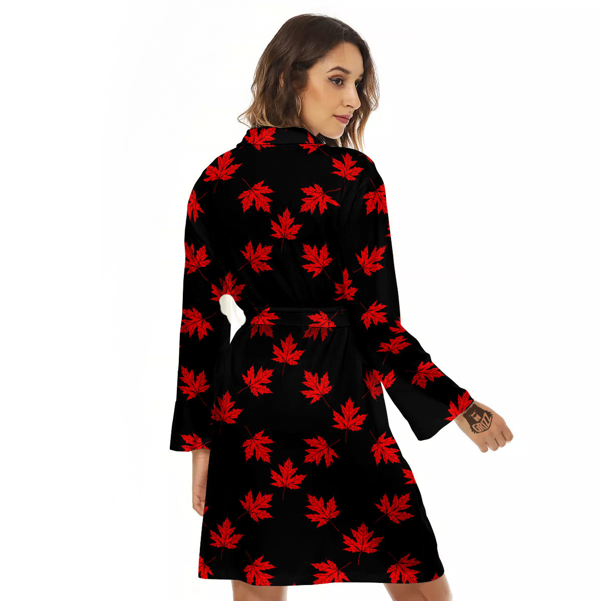 Canadian Maple Leaf Red And Black Print Women's Robe-grizzshop