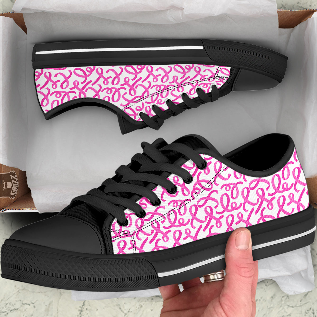 Cancer Awareness Print Pattern Black Low Top Shoes-grizzshop
