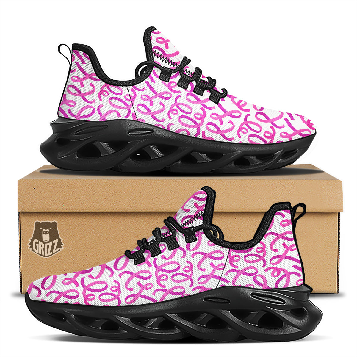 Cancer Awareness Print Pattern Black Running Shoes-grizzshop