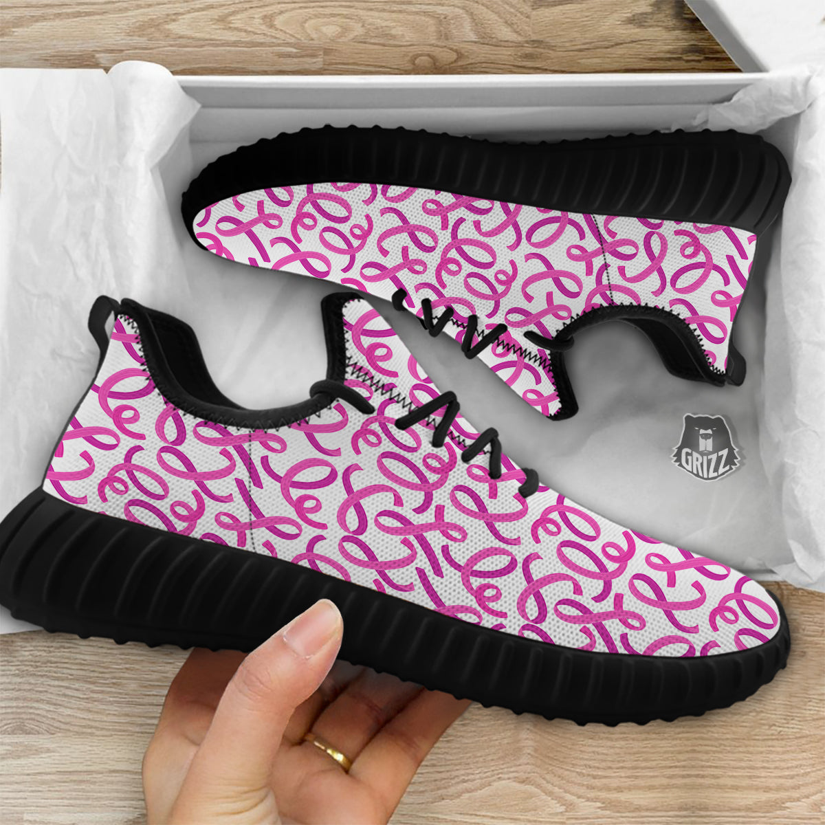 Cancer Awareness Print Pattern Black Walking Shoes-grizzshop