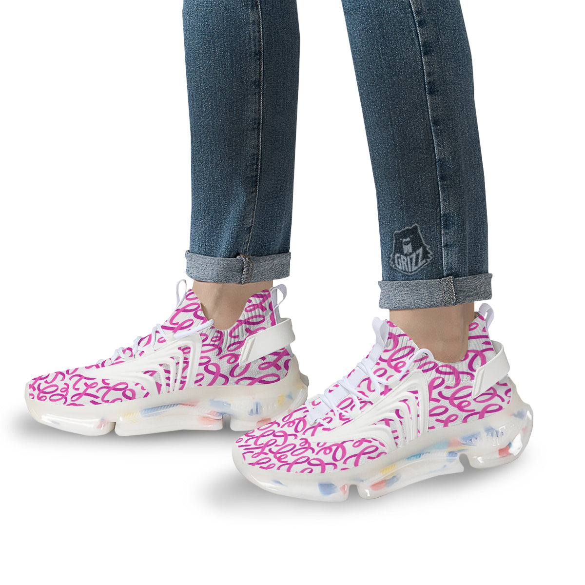 Cancer Awareness Print Pattern White Gym Shoes-grizzshop