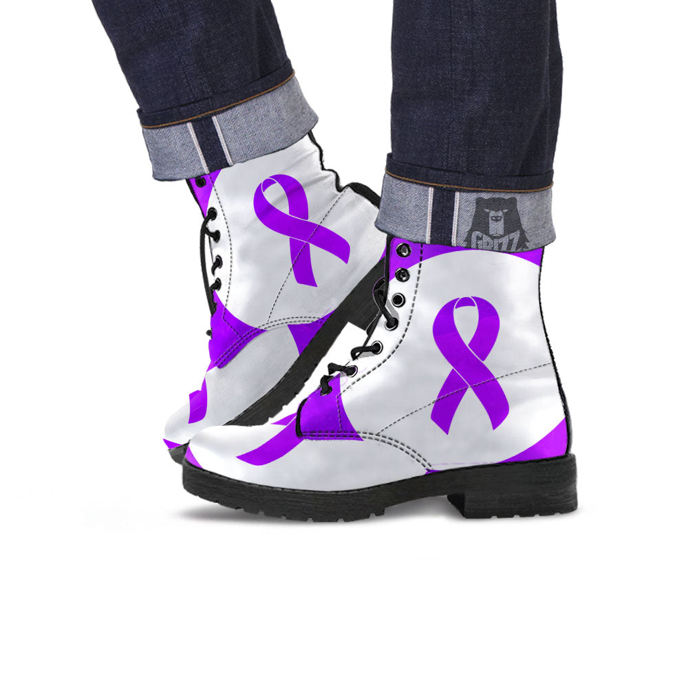 Cancer Awareness Ribbon Purple Print Leather Boots-grizzshop