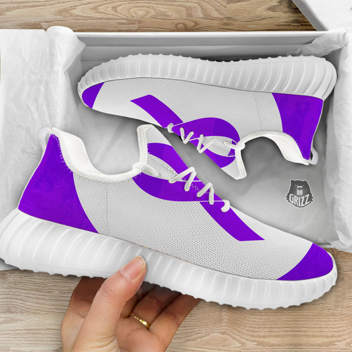 Cancer Awareness Ribbon Purple Print White Walking Shoes-grizzshop
