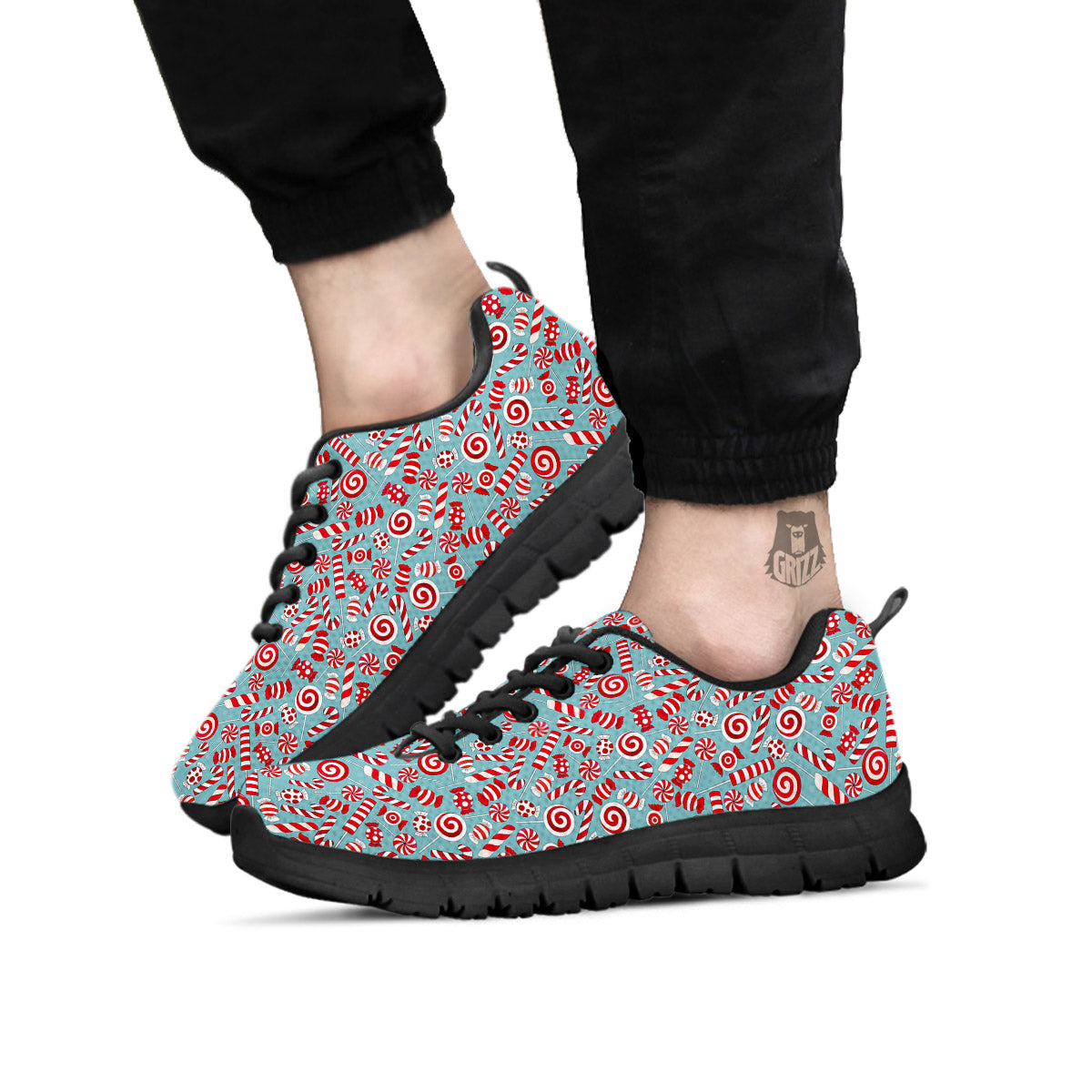 Candy Cane Christmas Print Pattern Black Sneaker-grizzshop