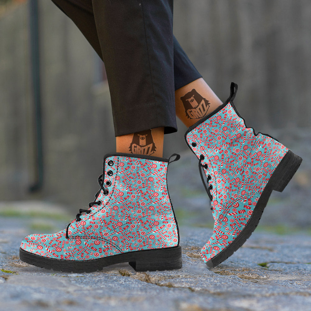 Candy Cane Christmas Print Pattern Leather Boots-grizzshop