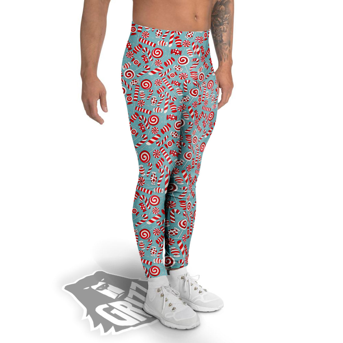 Candy Cane Christmas Print Pattern Men's Leggings-grizzshop