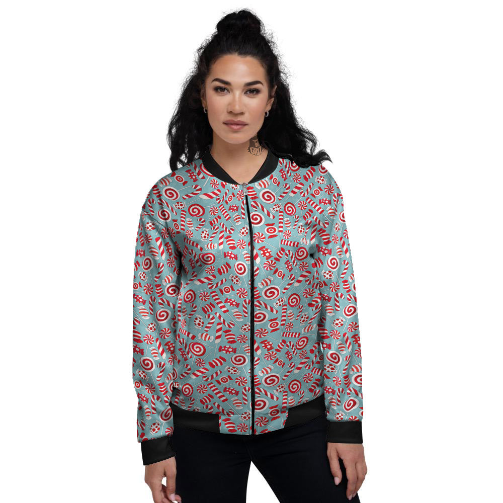 Candy Cane Christmas Print Pattern Women's Bomber Jacket-grizzshop