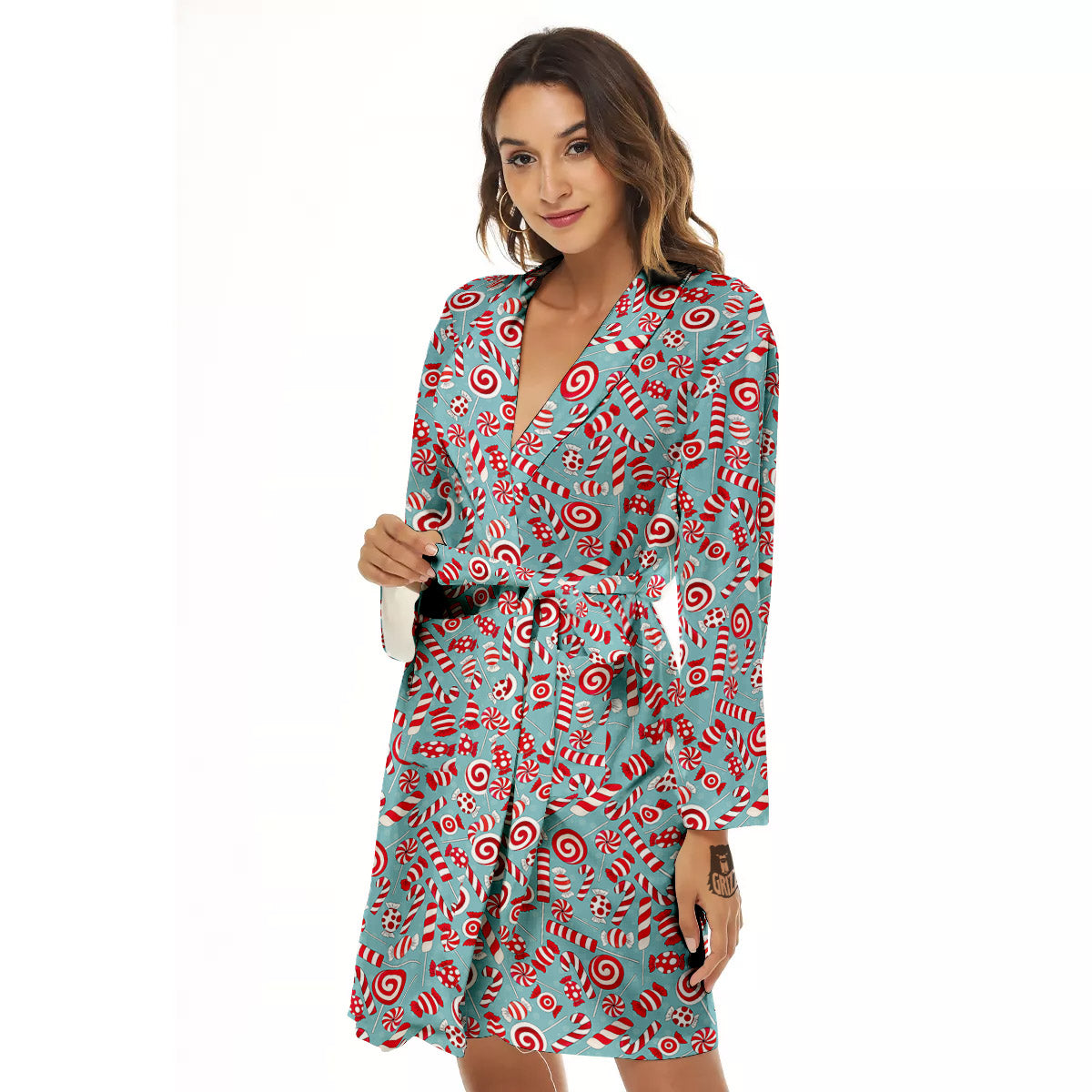 Candy Cane Christmas Print Pattern Women's Robe-grizzshop