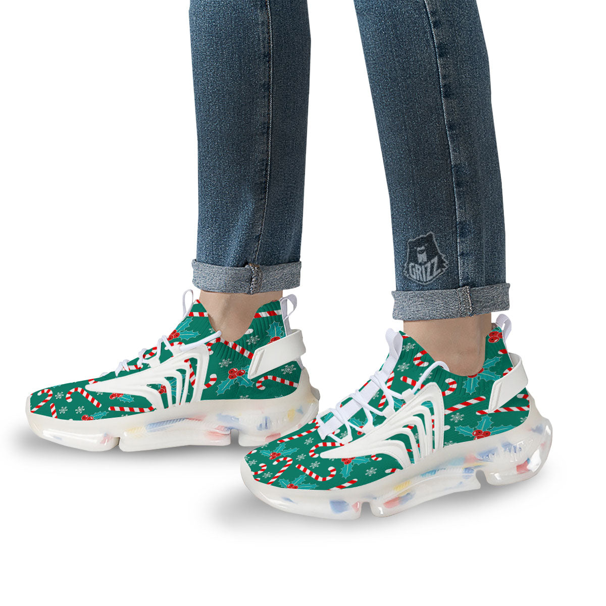 Candy Cane Merry Christmas Print Pattern White Gym Shoes-grizzshop
