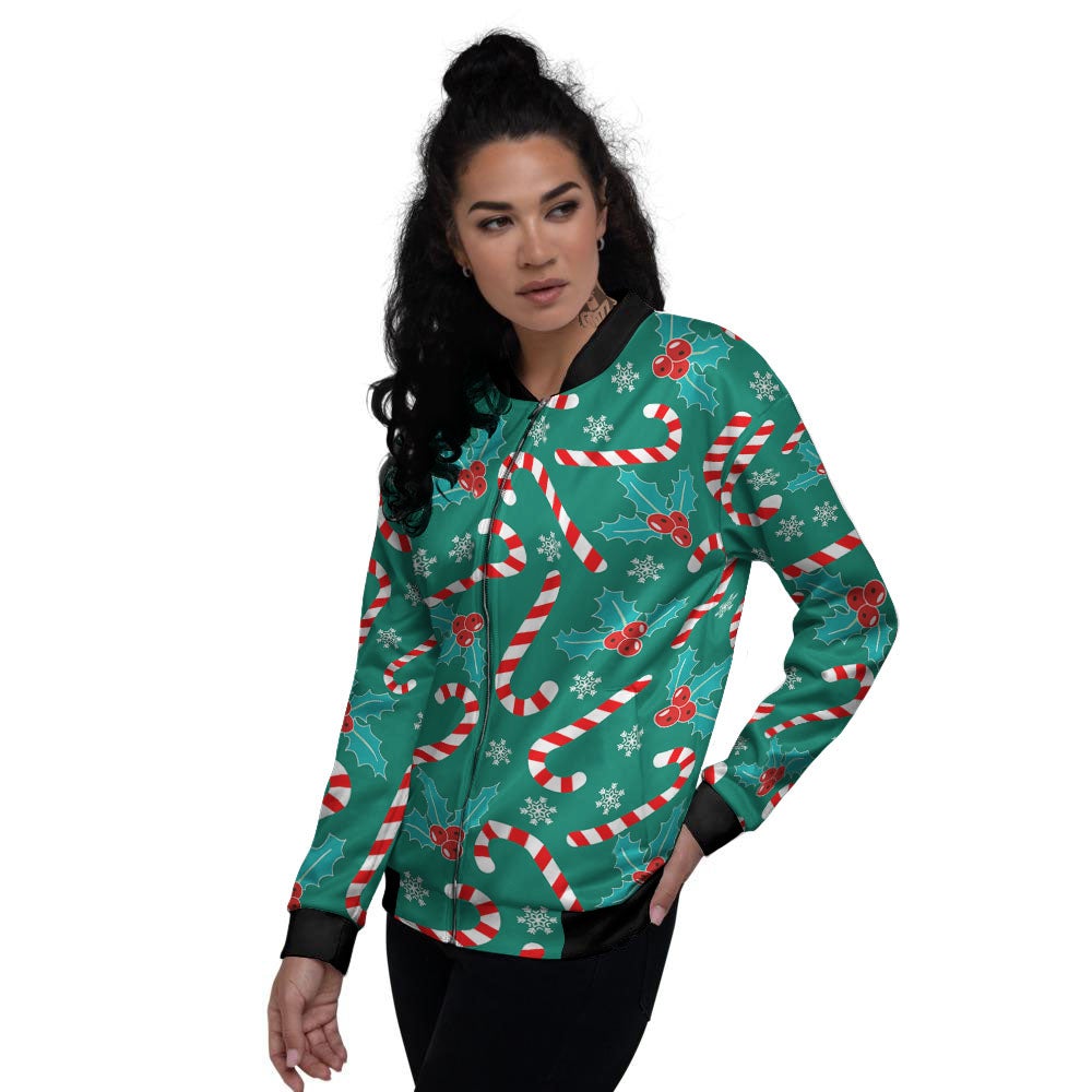 Candy Cane Merry Christmas Print Pattern Women's Bomber Jacket-grizzshop