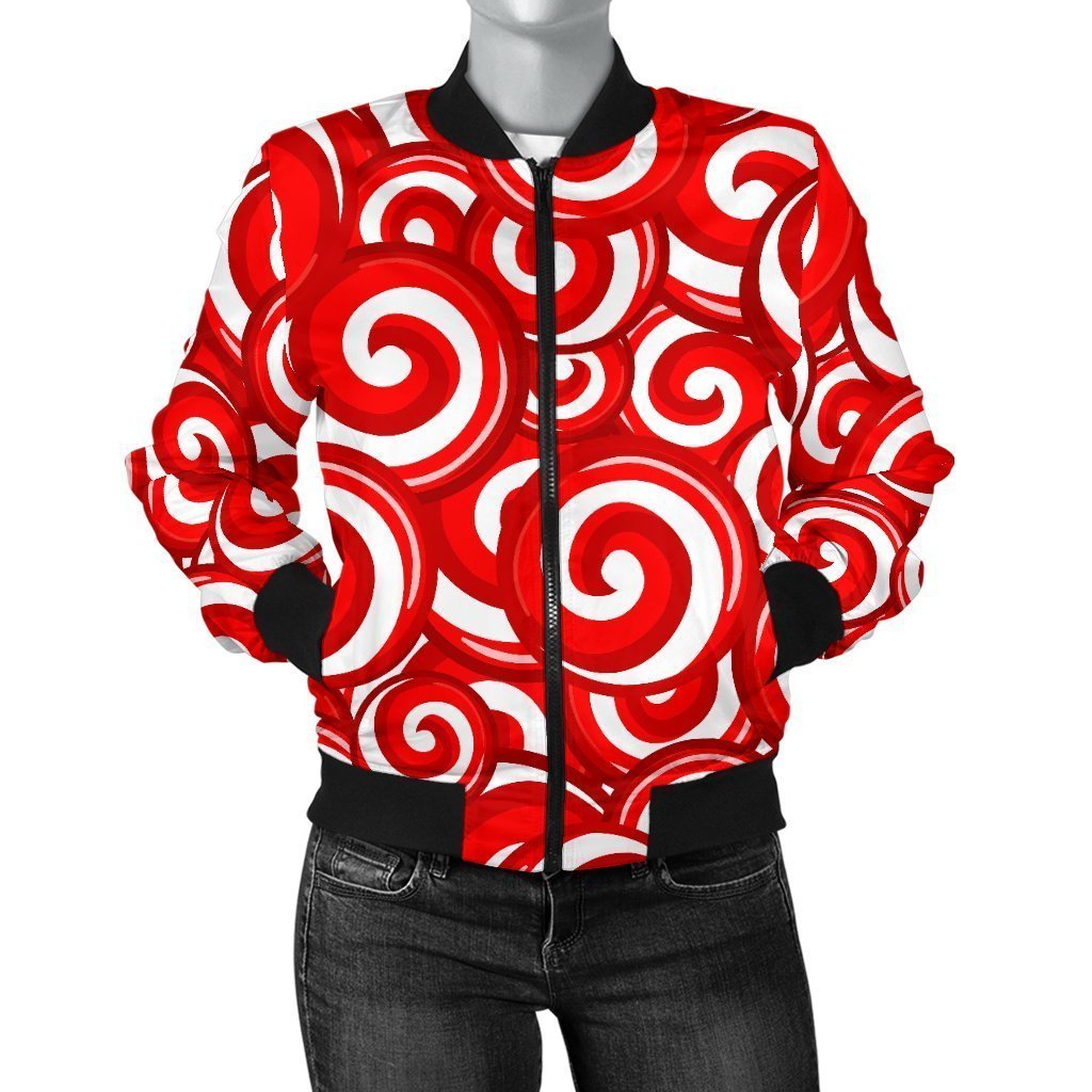 Candy Cane Pattern Print Women Casual Bomber Jacket-grizzshop