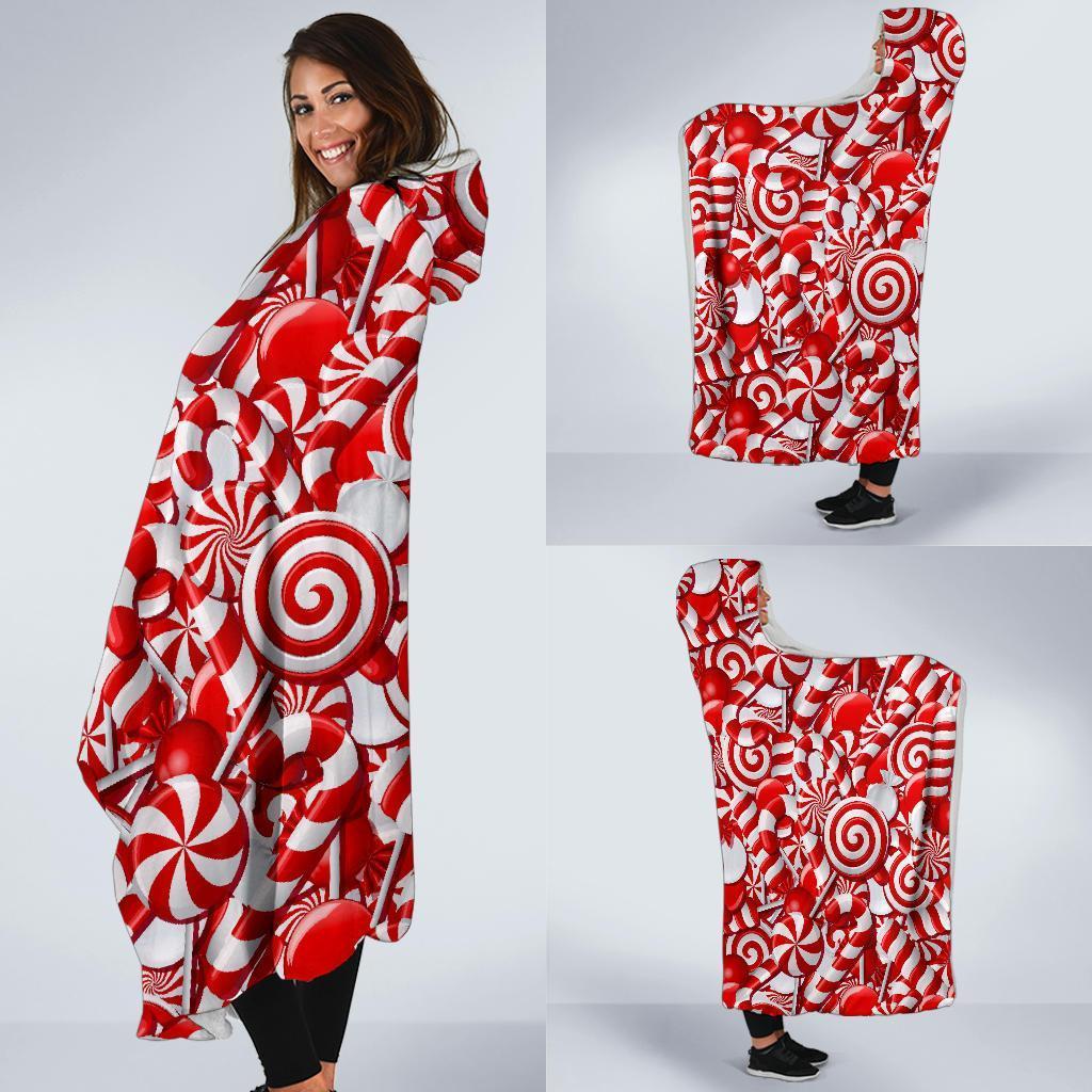 Candy Cane Print Pattern Hooded Blanket-grizzshop