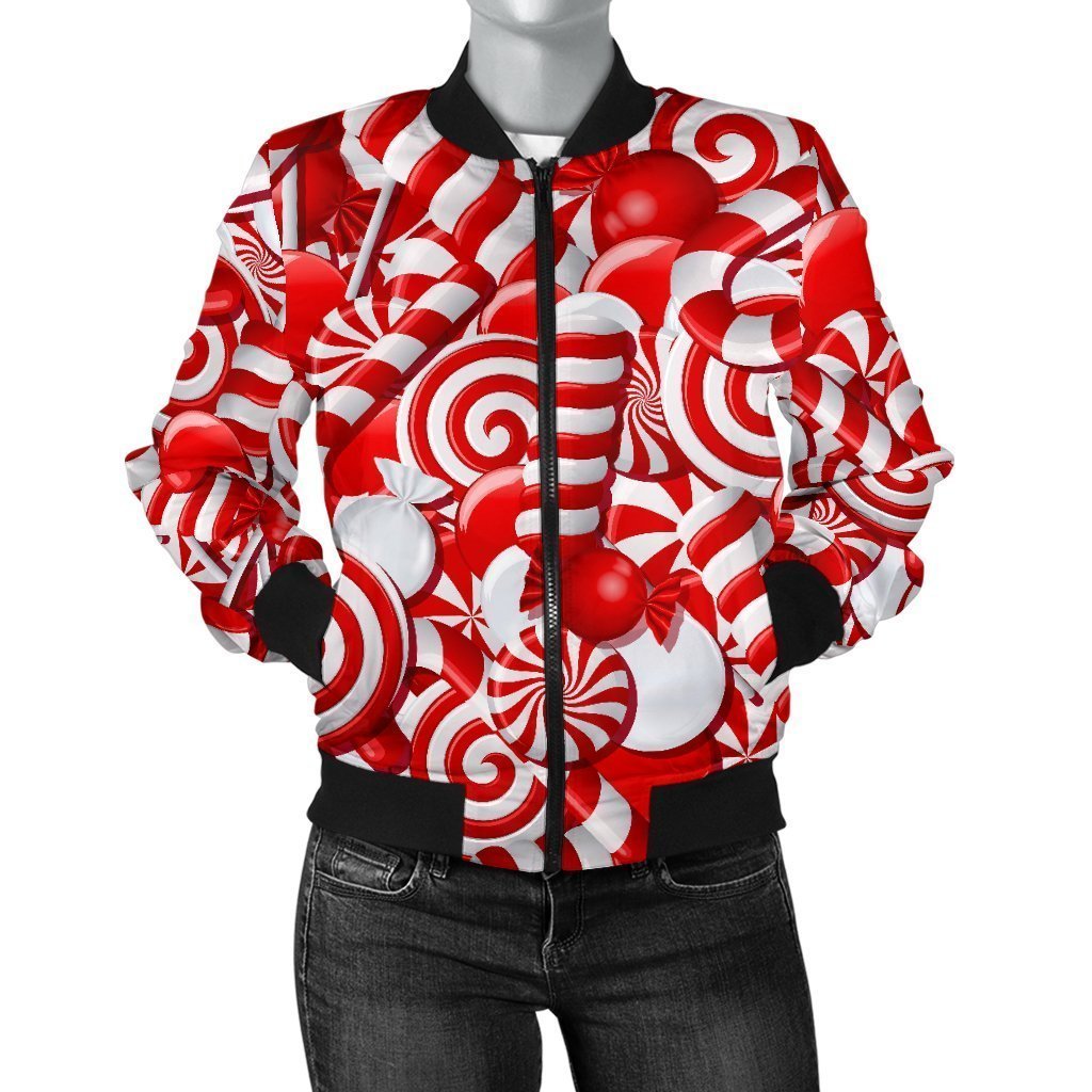 Candy Cane Print Pattern Women Casual Bomber Jacket-grizzshop