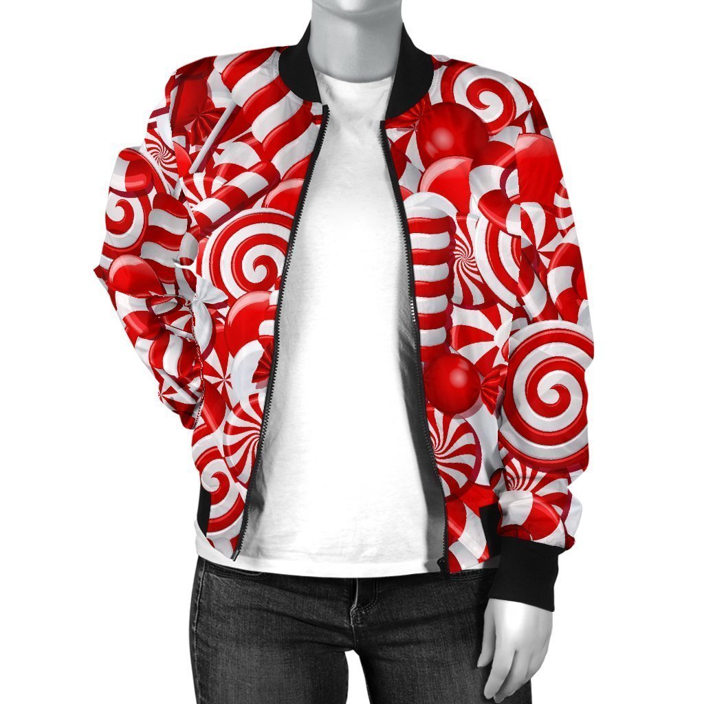 Candy Cane Print Pattern Women Casual Bomber Jacket-grizzshop