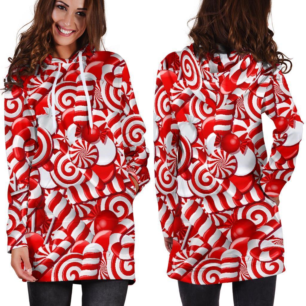 Candy Cane Print Pattern Women Hoodie Dress-grizzshop