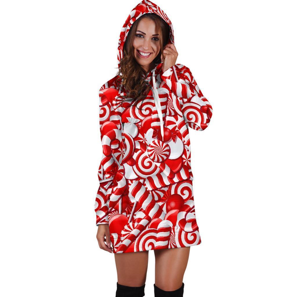 Candy Cane Print Pattern Women Hoodie Dress-grizzshop