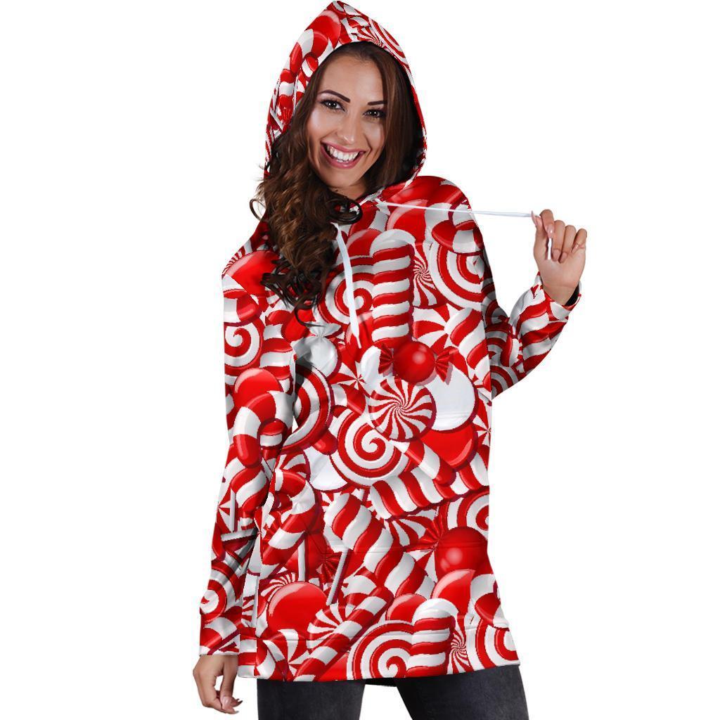Candy Cane Print Pattern Women Hoodie Dress-grizzshop