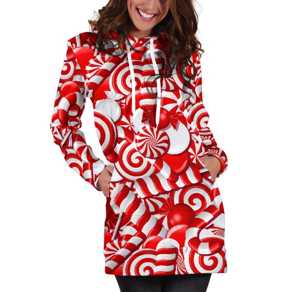 Candy Cane Print Pattern Women Hoodie Dress-grizzshop