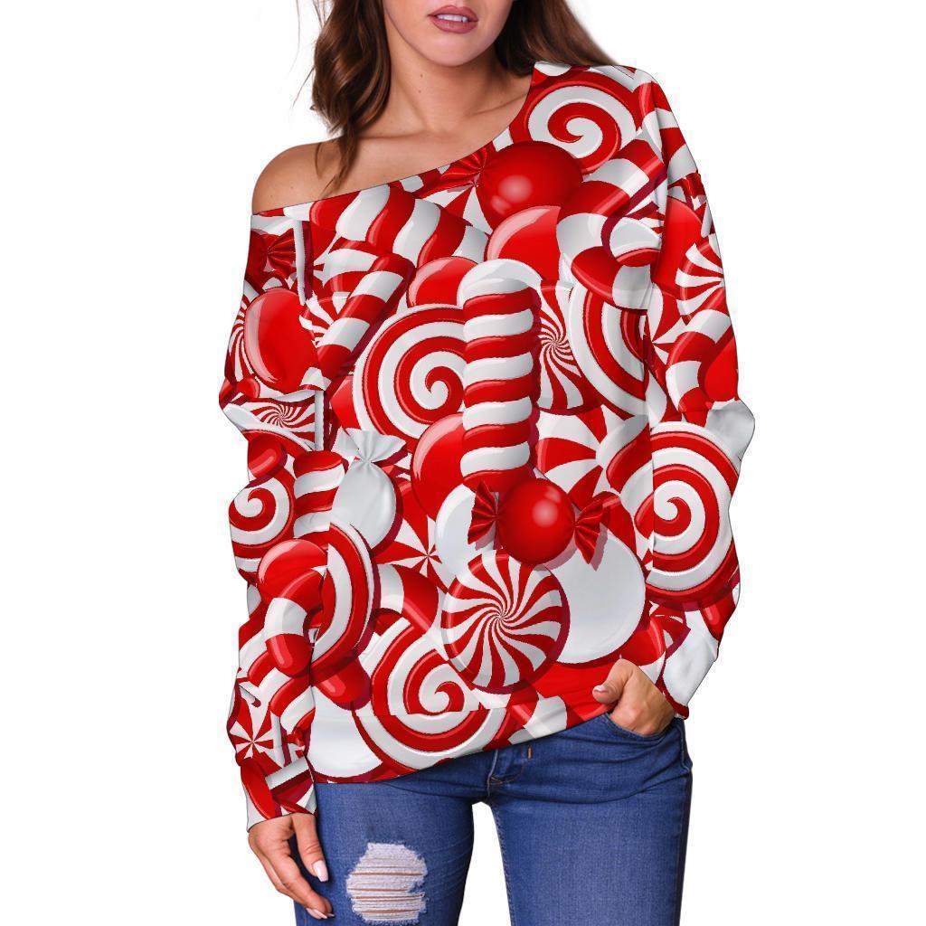 Candy Cane Print Pattern Women Off Shoulder Sweatshirt-grizzshop