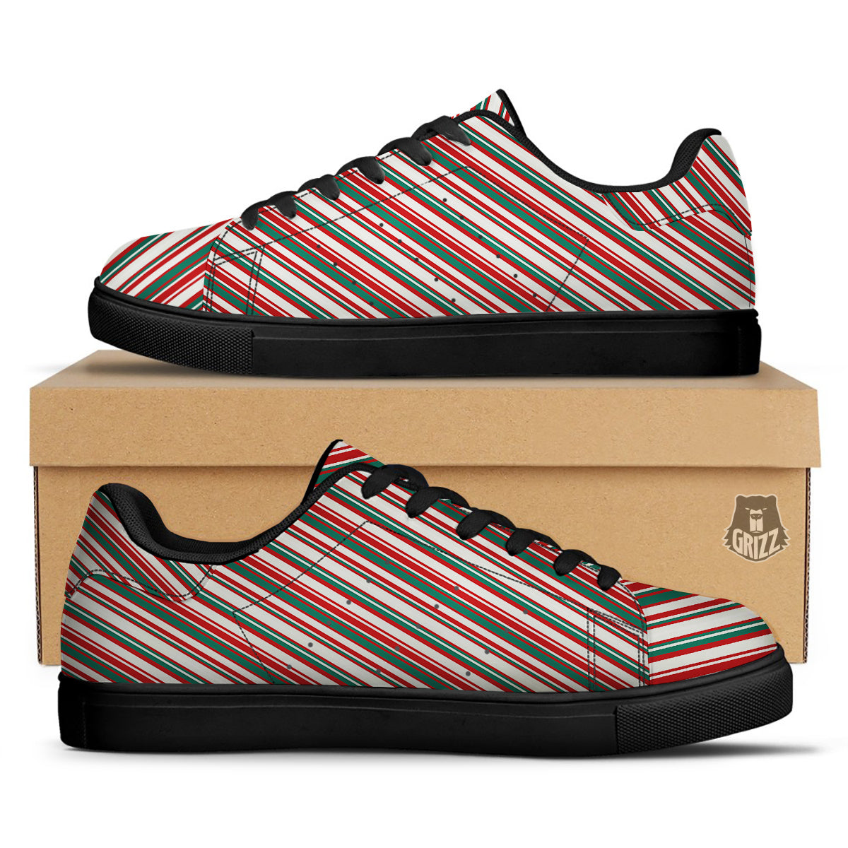 Candy Cane Stripe Christmas Print Black Low Top Sneakers-grizzshop