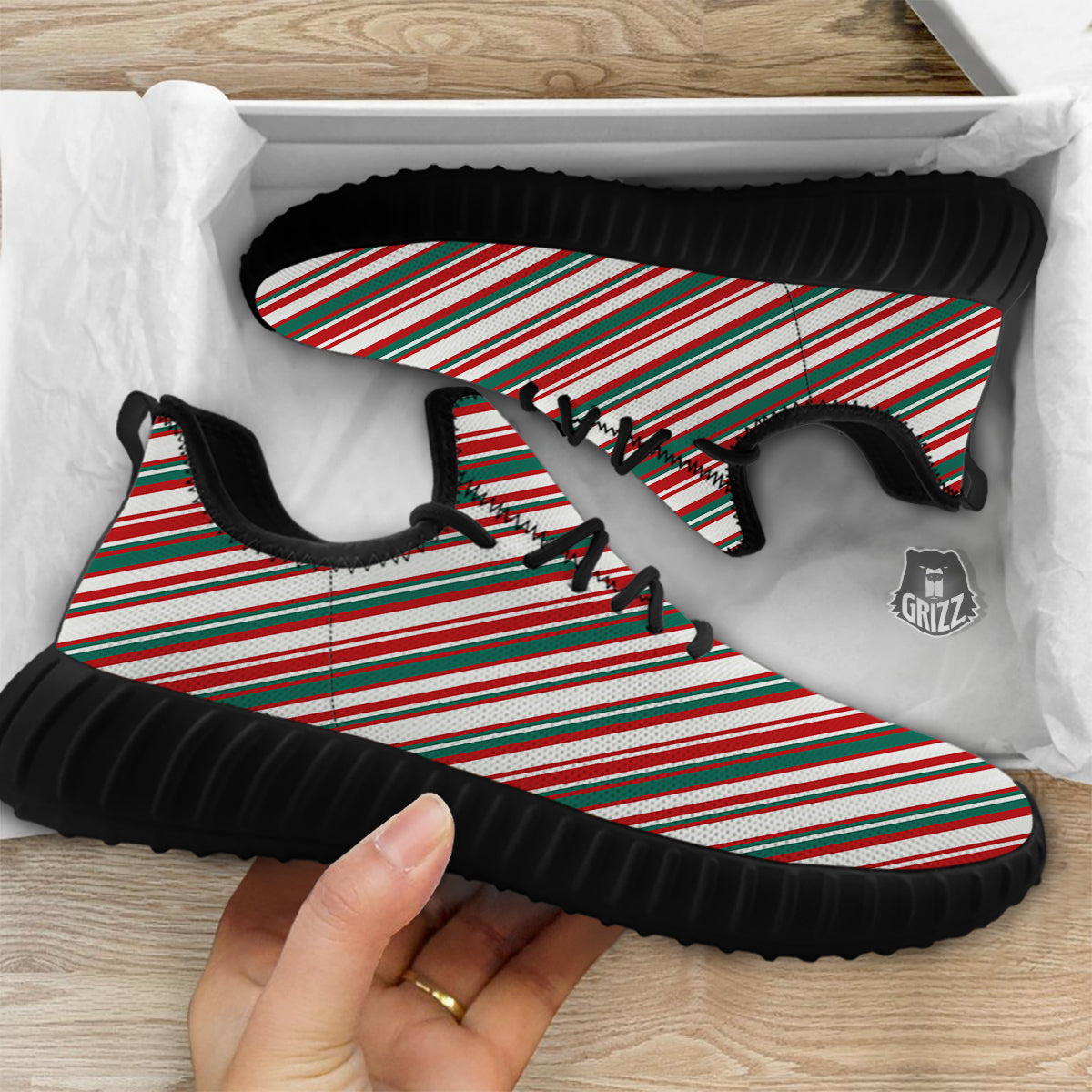 Candy Cane Stripe Christmas Print Black Walking Shoes-grizzshop