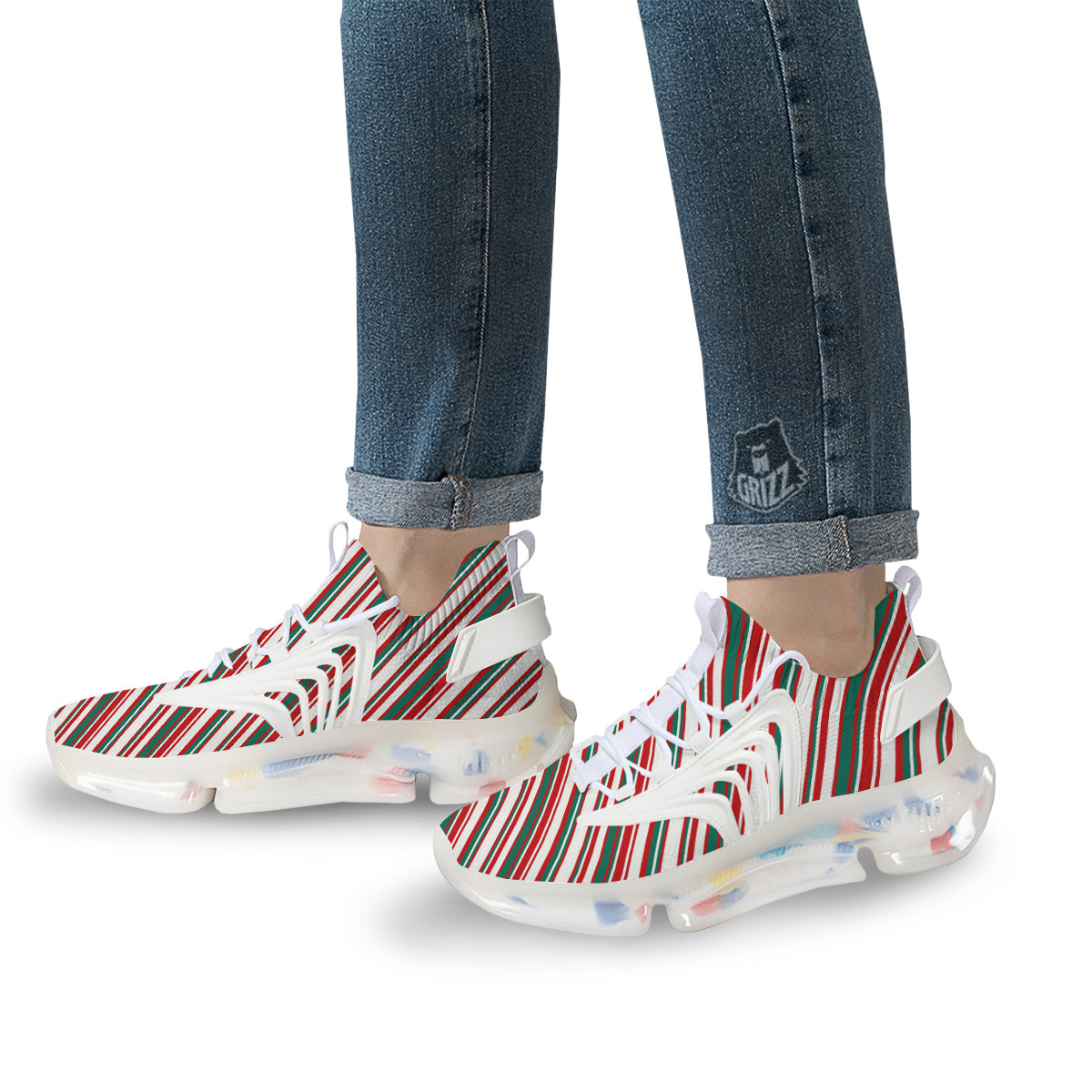 Candy Cane Stripe Christmas Print White Gym Shoes-grizzshop