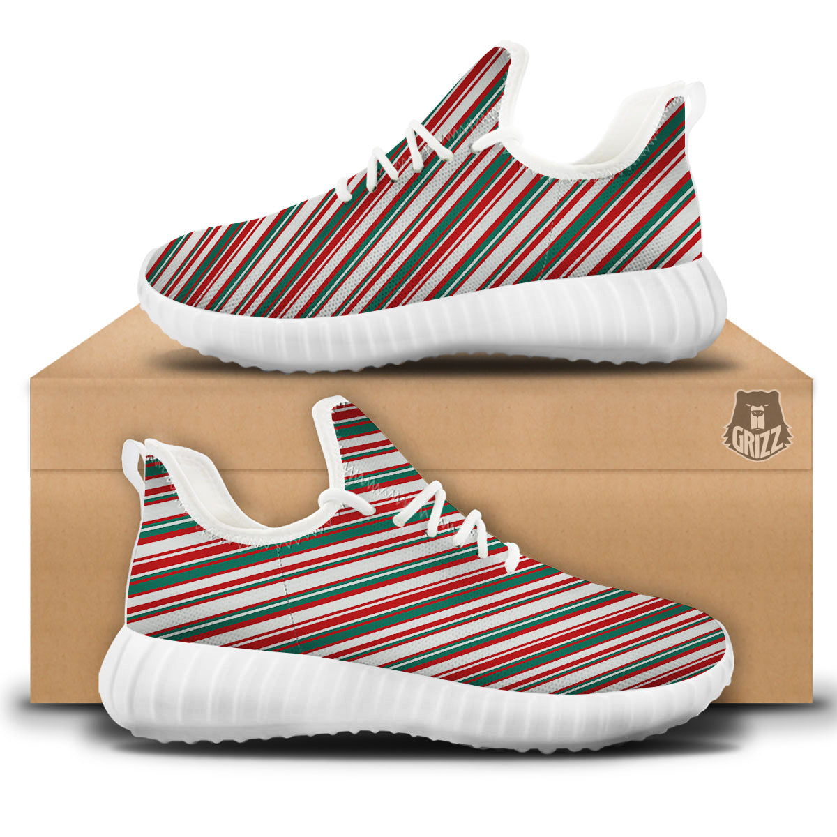 Candy Cane Stripe Christmas Print White Walking Shoes-grizzshop
