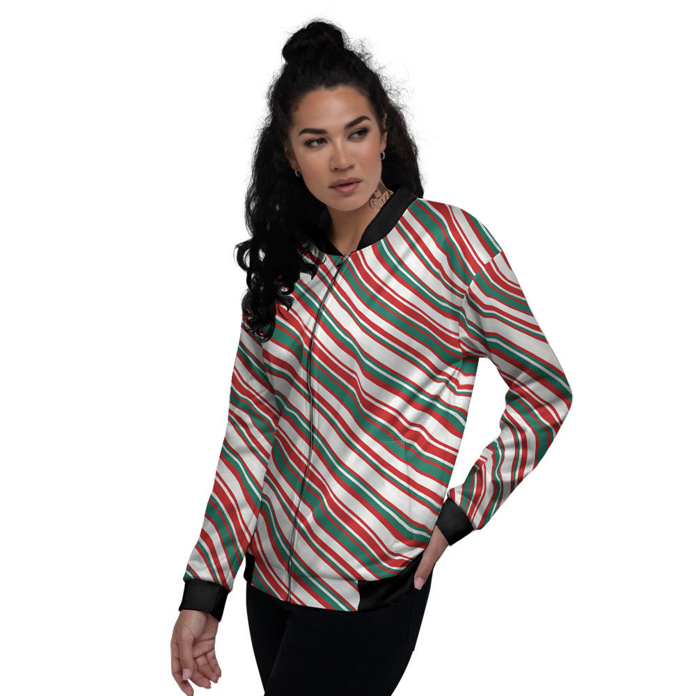 Candy Cane Stripe Christmas Print Women's Bomber Jacket-grizzshop